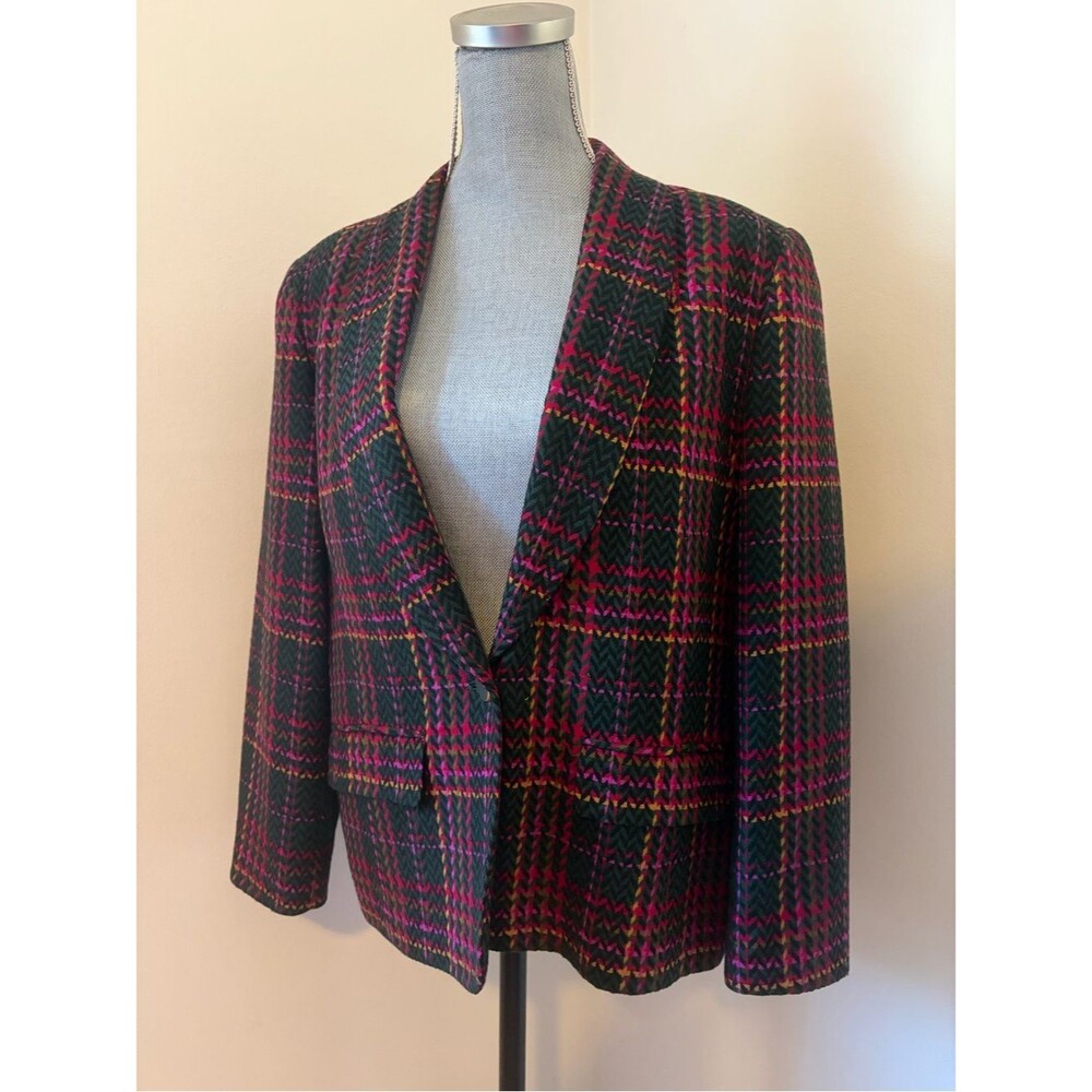 Vintage 80s Pendleton Vibrant Bold Houndstooth Plaid Preppy Wool Blazer Jacket